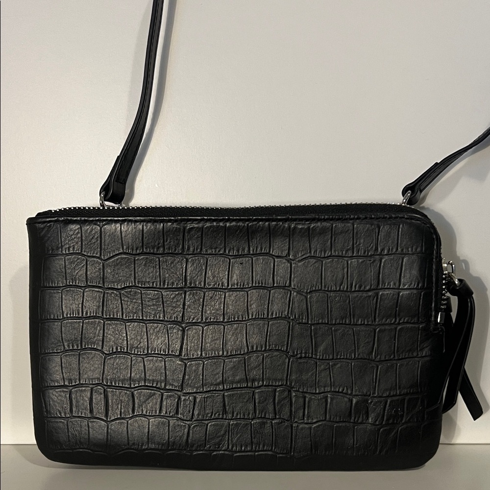 Steven Alan Black Crocodile-Embossed Crossbody Bag/Clutch